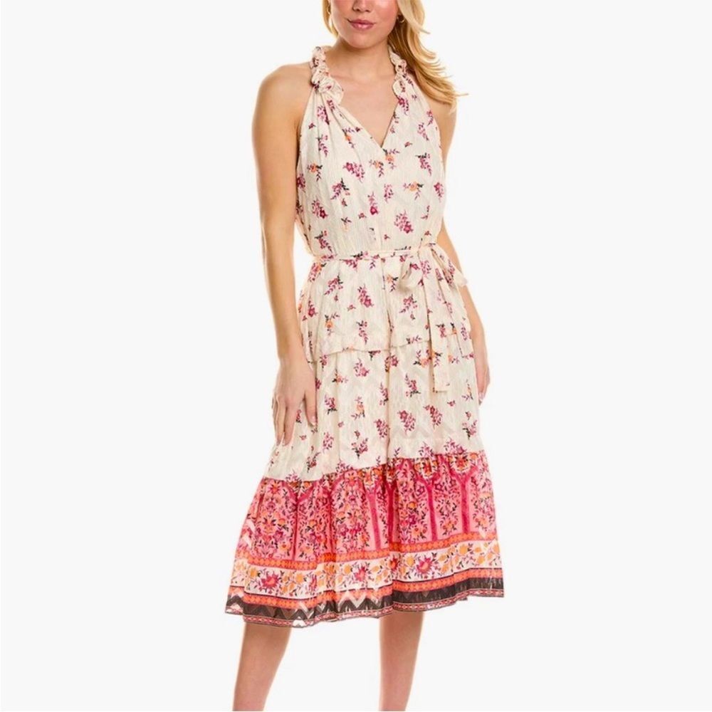 Kobi Halperin Johnson Floral Ruffle Tie Chiffon Midi Dress Boho NWT